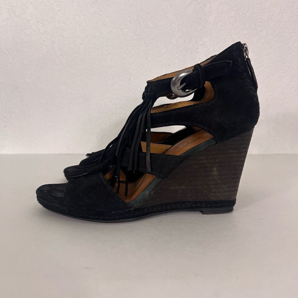 Trask‎ Black Leather Suede Fringe High Heel Wedges Size 9